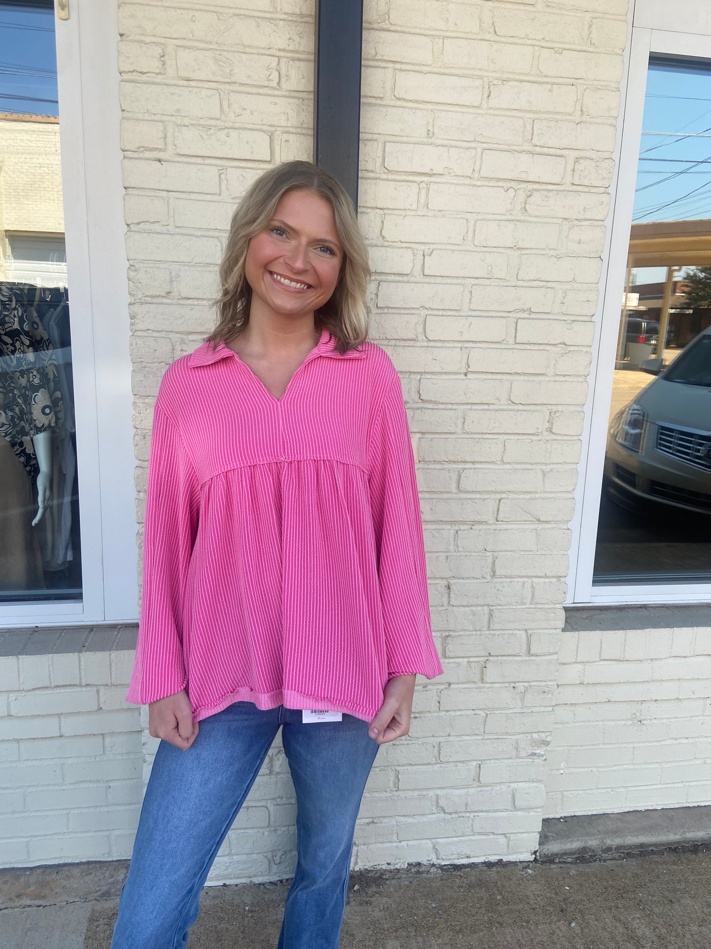 Pink textured long sleeve top