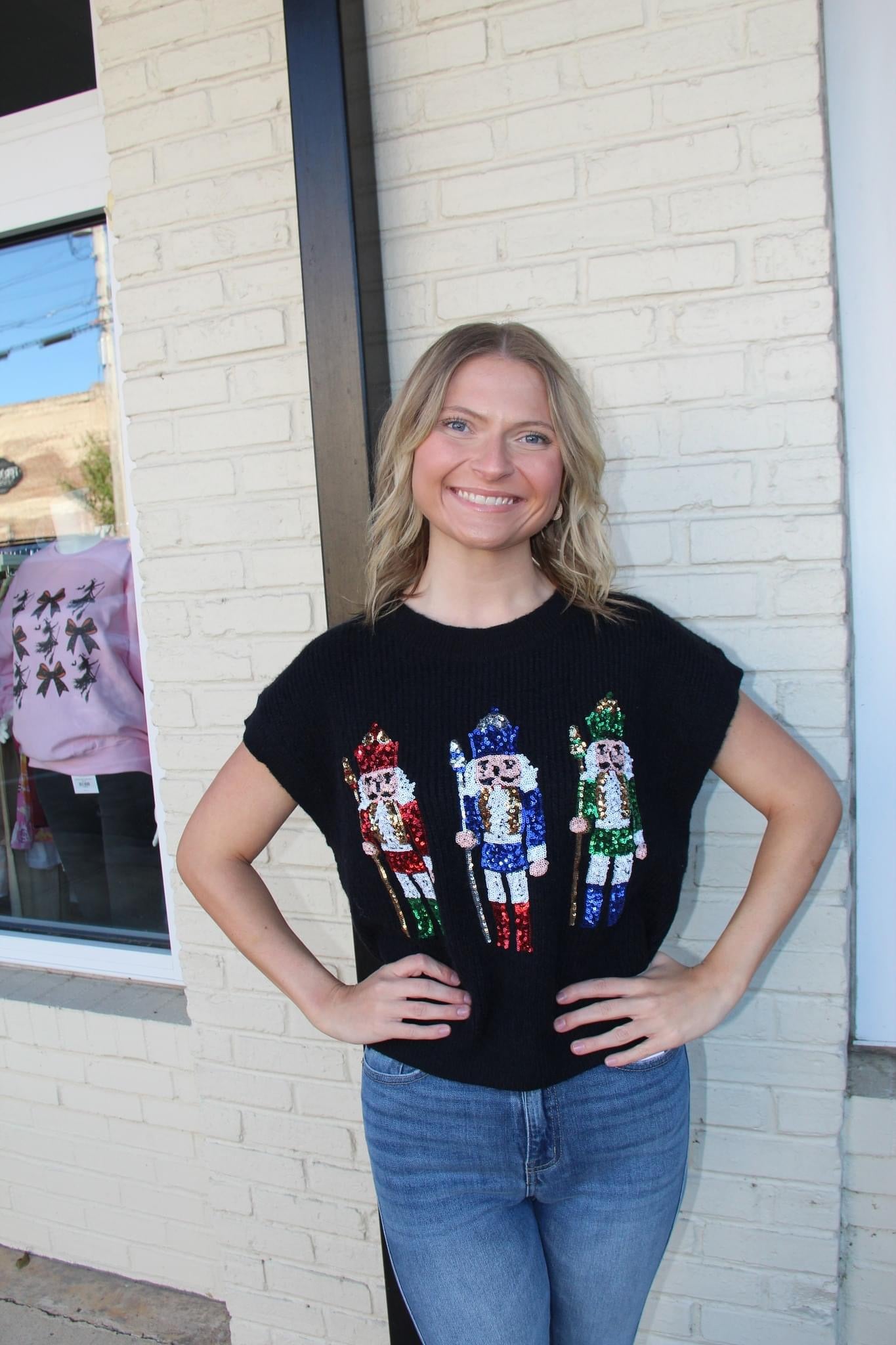 Sequined nutcrackers black sweater