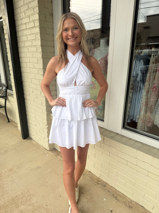 White halter neck dress