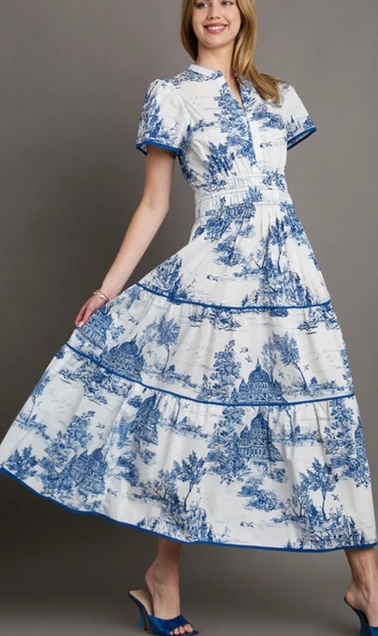 Blue and white tiered midi