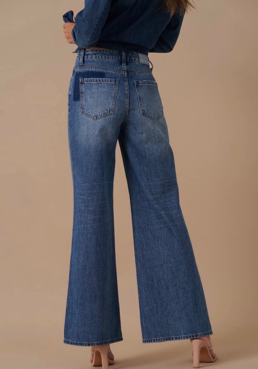 Wide leg patchwork jeans