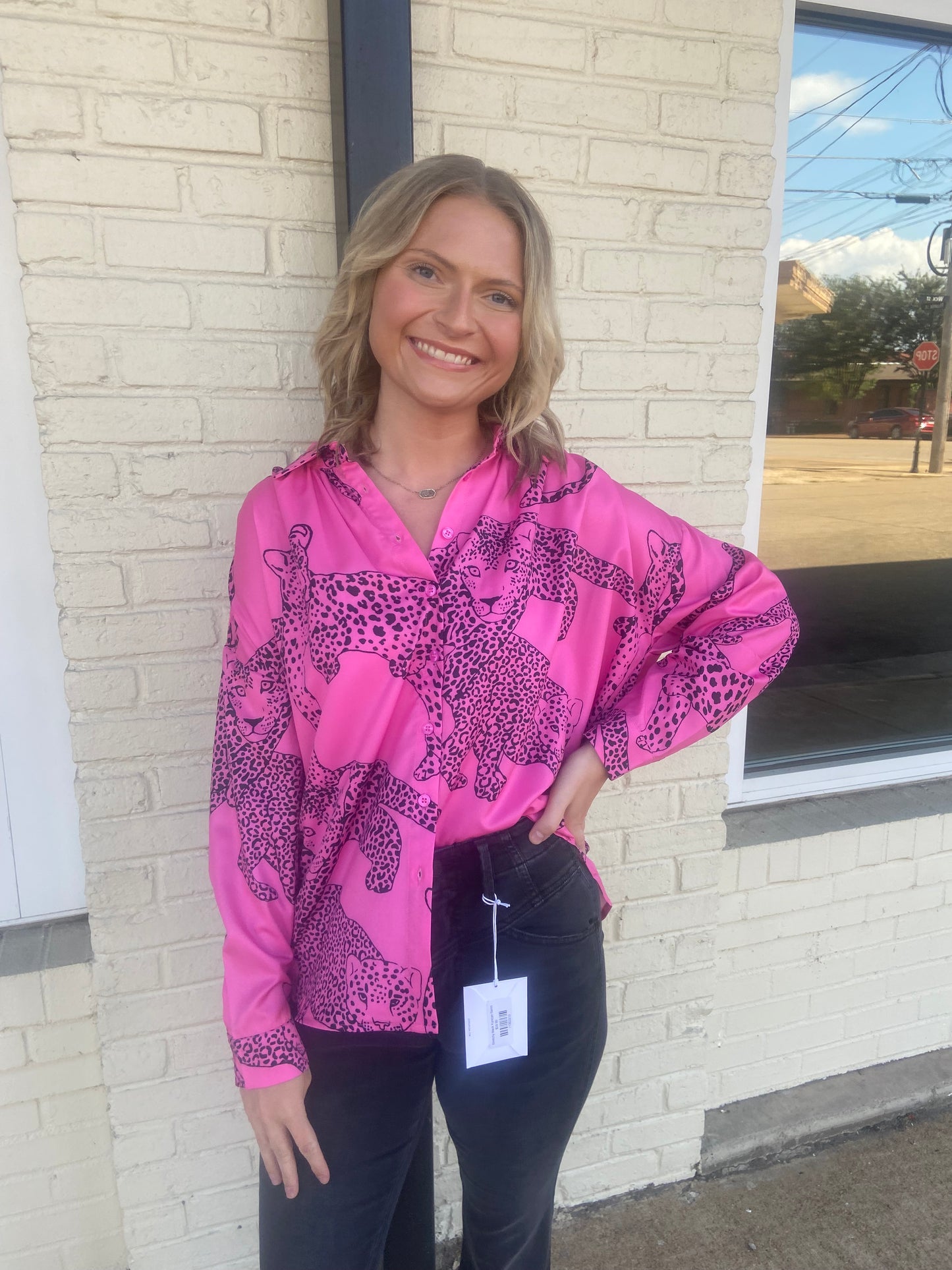 Pink leopard button up top