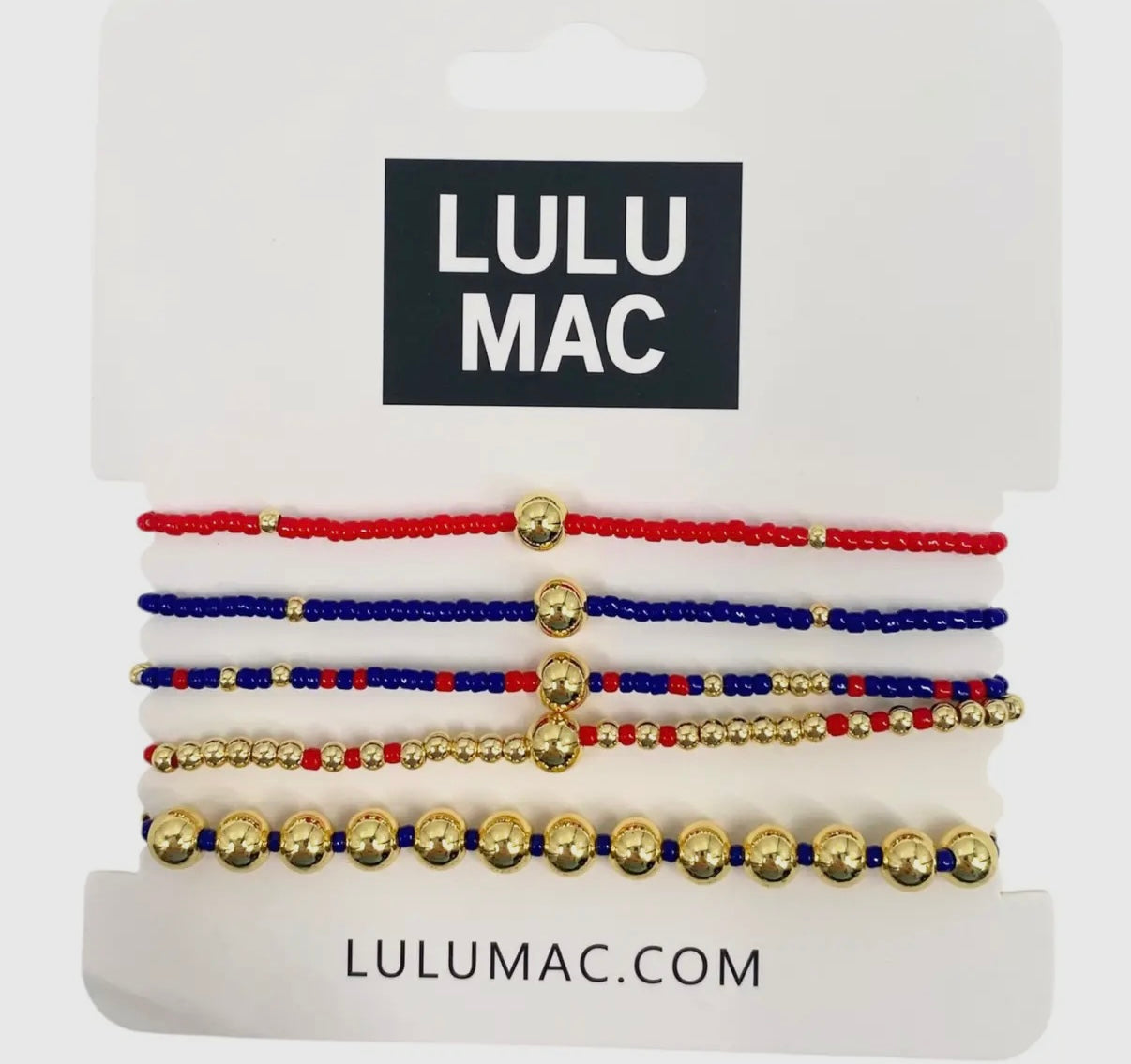 Lulu Mac red and blue bracelet stack
