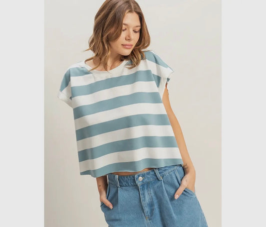Blue and white striped open back tee