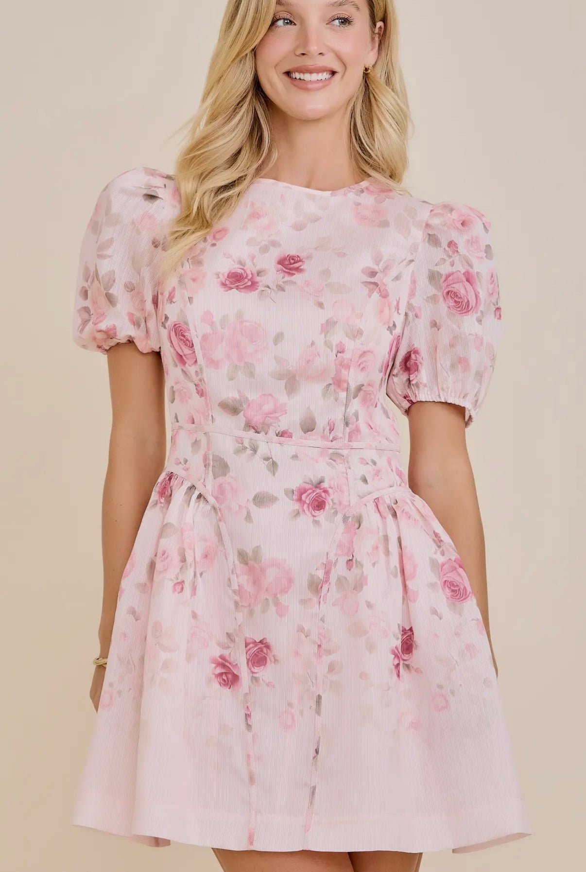 Pink floral puff sleeve mini dress