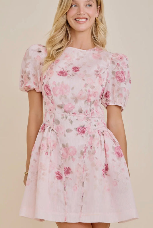 Pink floral puff sleeve mini dress