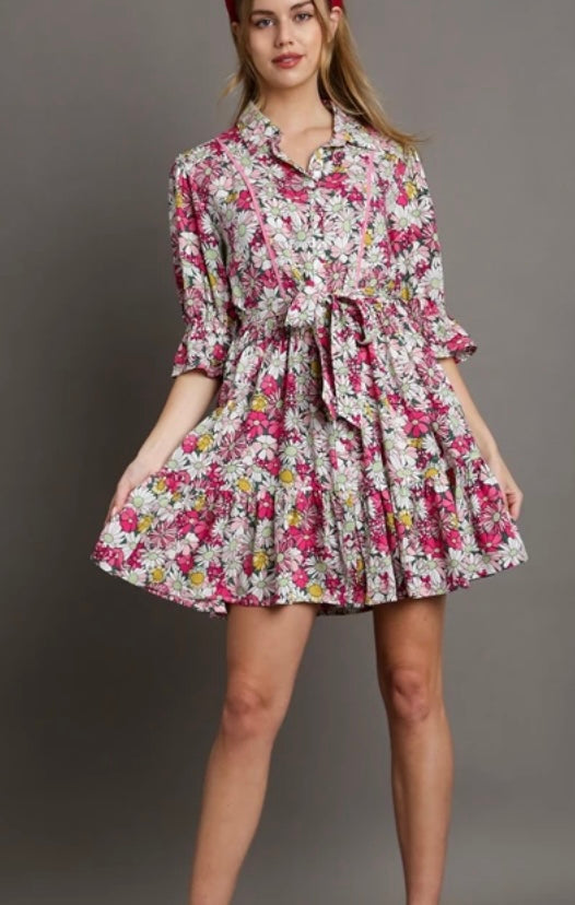 Pink floral tie waist dress