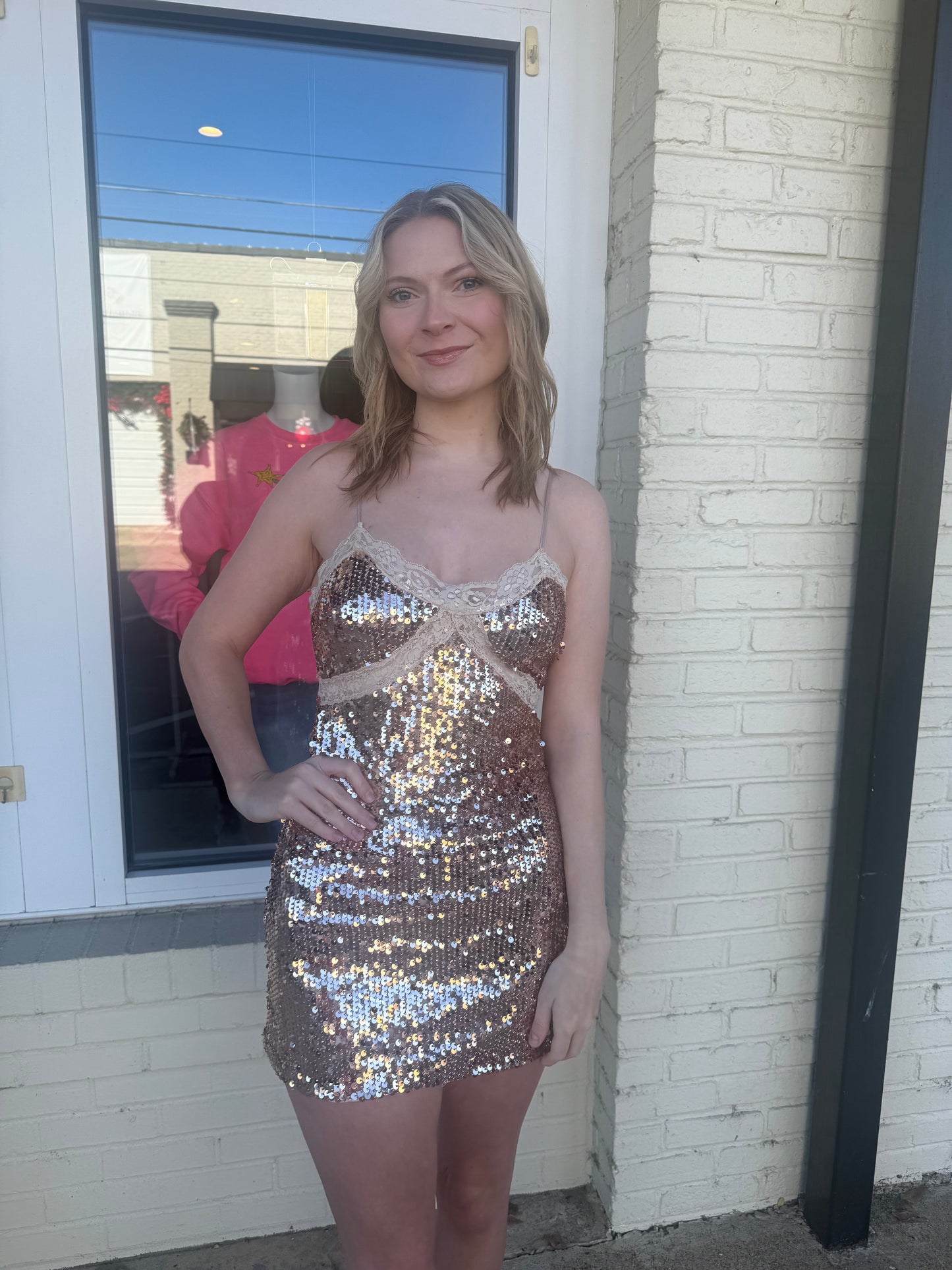 Gold sequin and lace dress