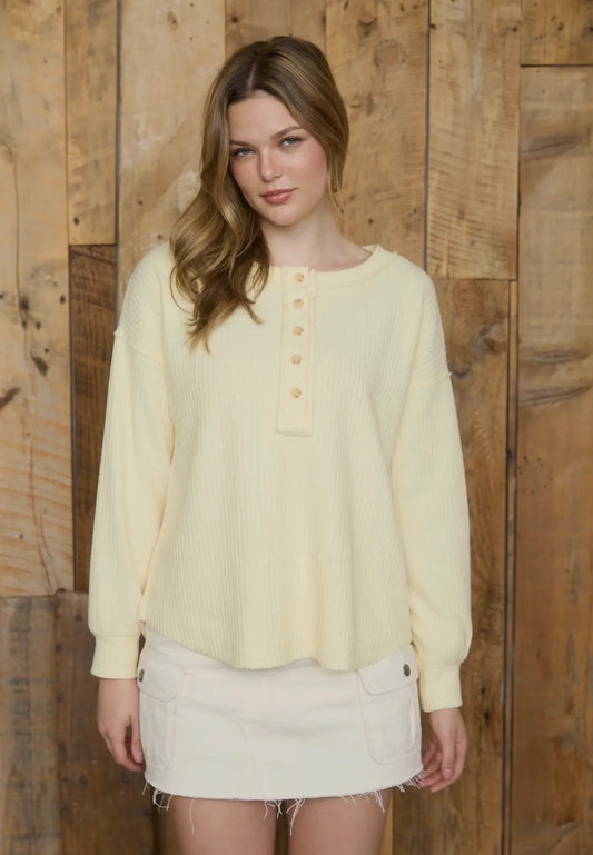 Butter yellow half button top
