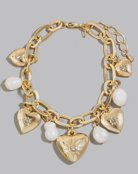 Gold hearts and pearls charm bracelet
