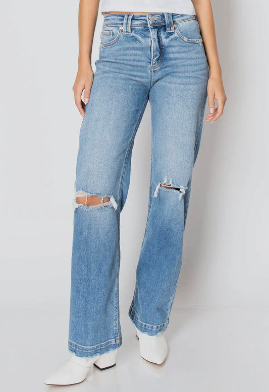 Light wash distressed tummy control jeans