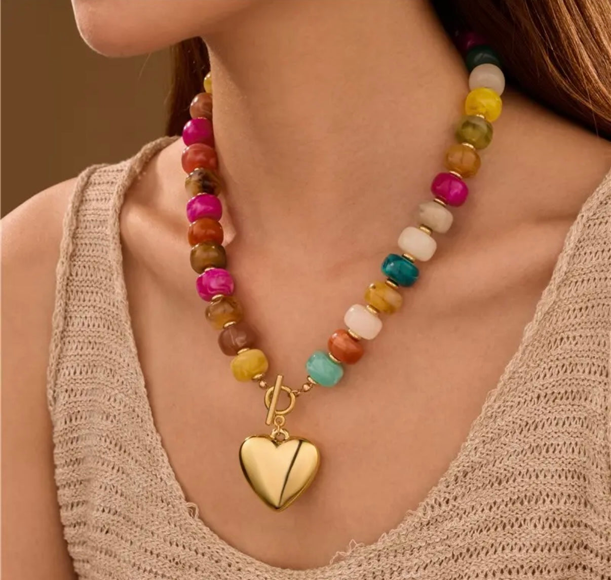 Multicolor beaded heart toggle necklace