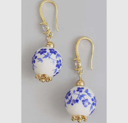 Blue and white drop bead earrings