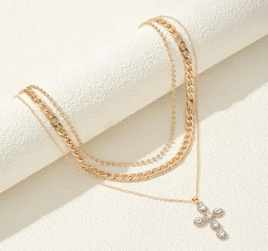 Rhinestone cross layered necklace