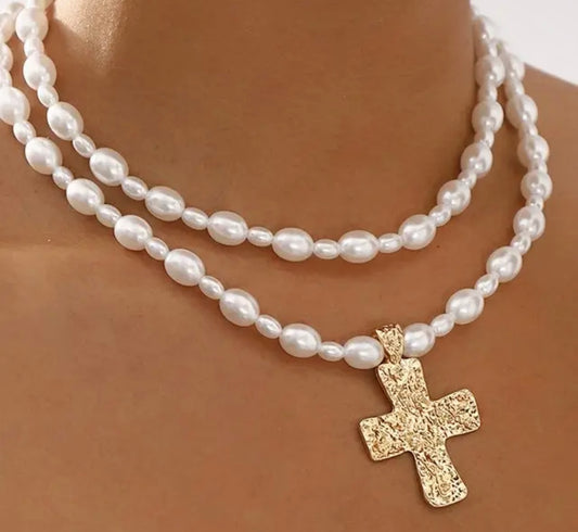Pearl cross layered necklace