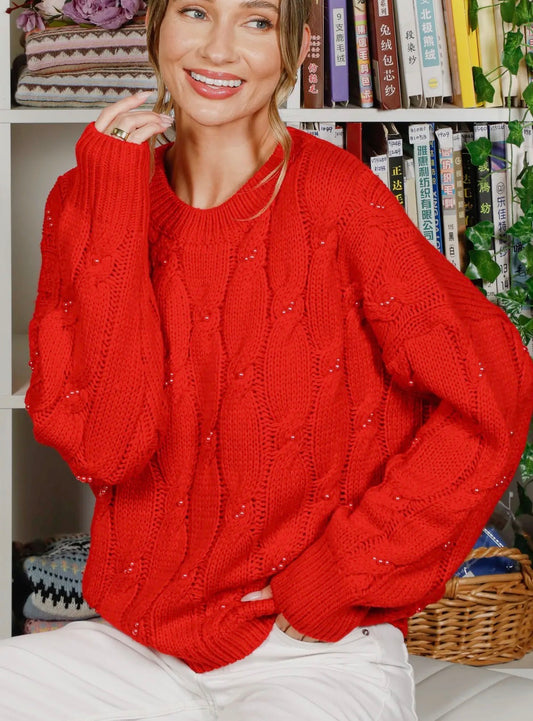 Red sweater with red pearl detail