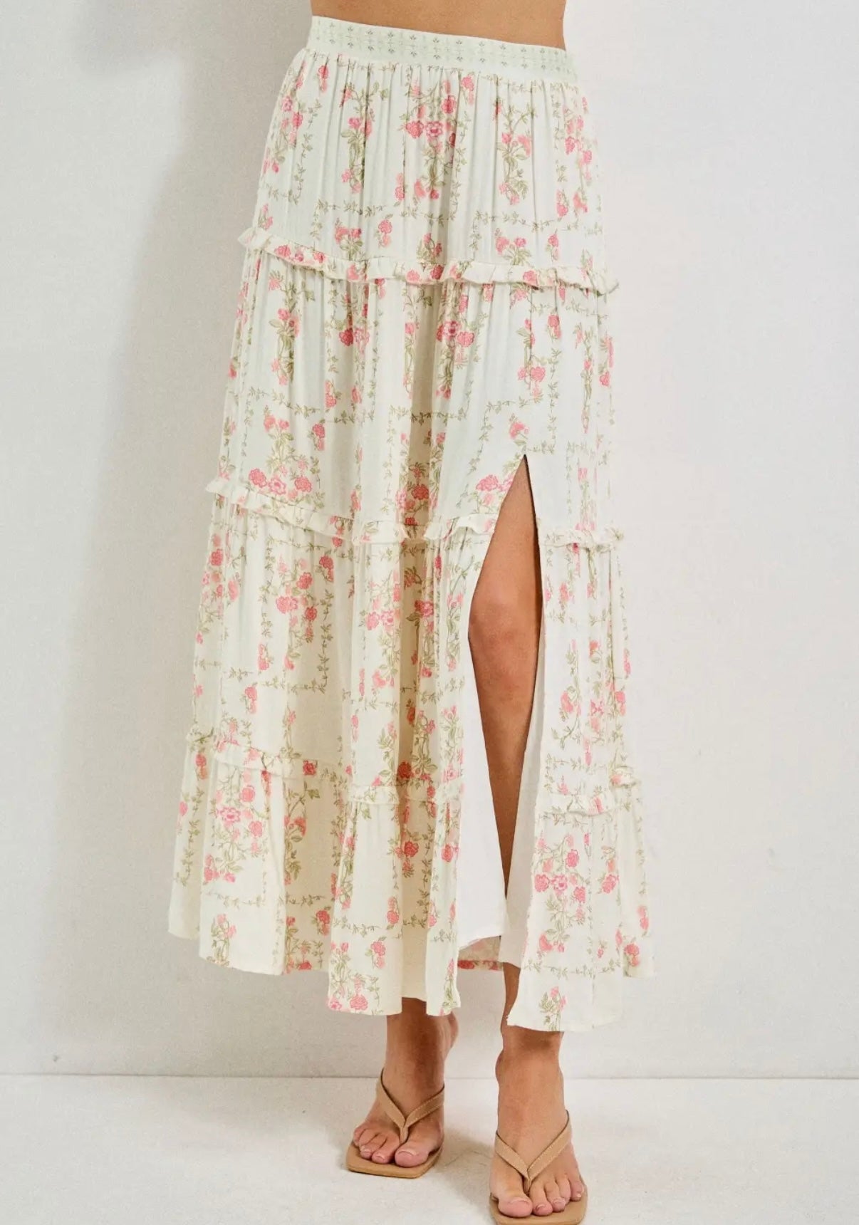 Floral tiered midi skirt