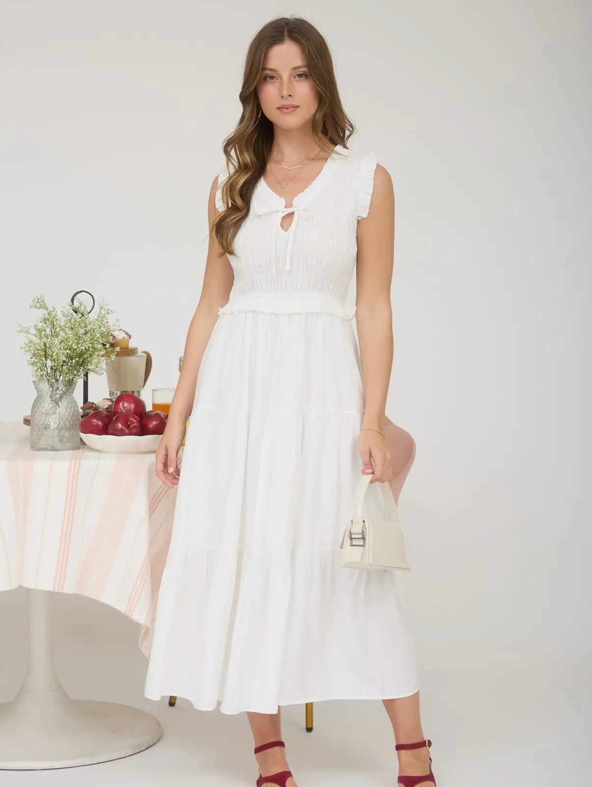 White smocked top midi dress