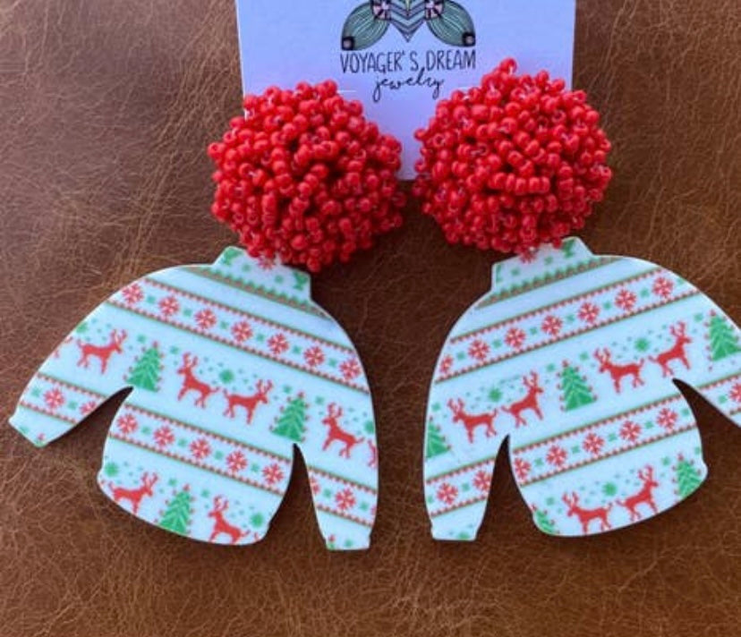 Christmas sweater earrings with beaded pom