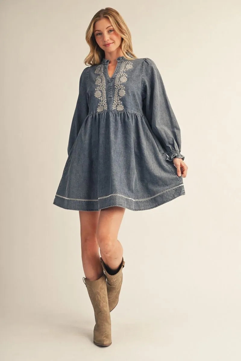 Embroidered denim dress