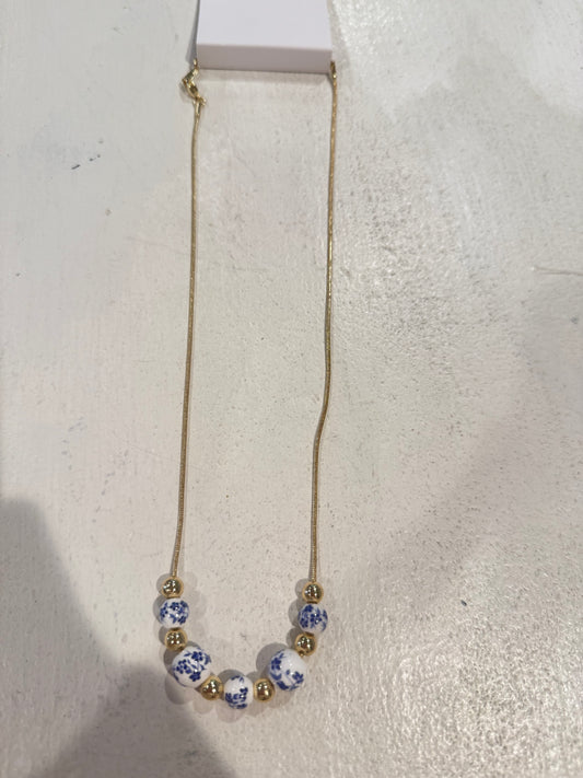 Blue and white beaded necklace