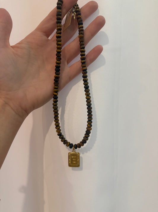 Brown bead E initial necklace