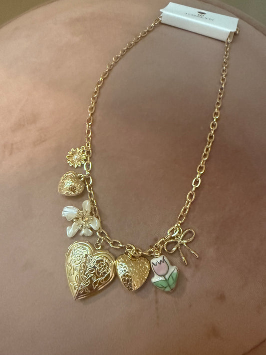 Hearts and flowers charm necklace