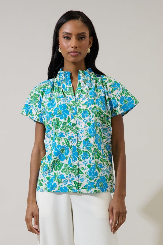 Blue and green floral top