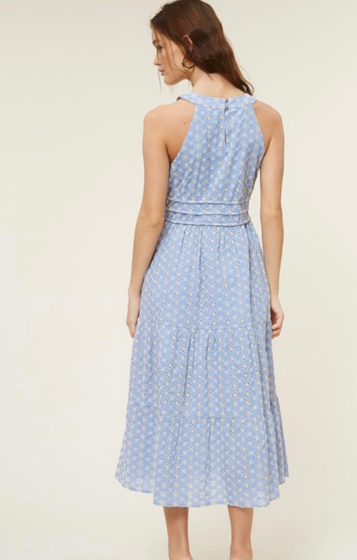 Blue and white eyelet midi dress