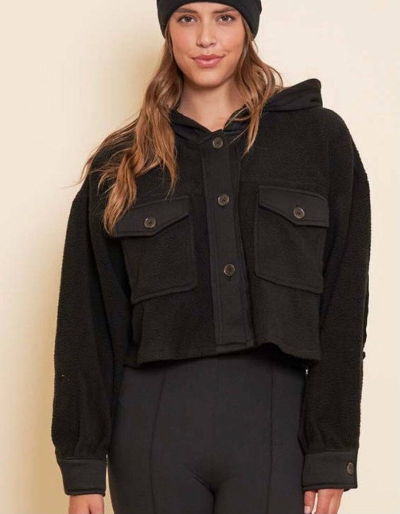 Black cropped hooded shacket