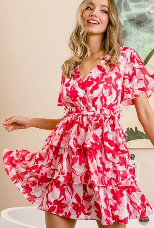 Pink abstract floral ruffle dress