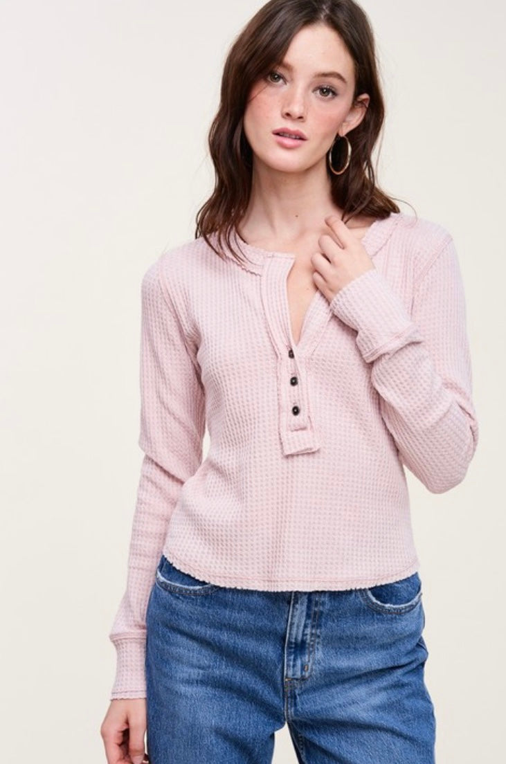 Light pink waffle knit henley top