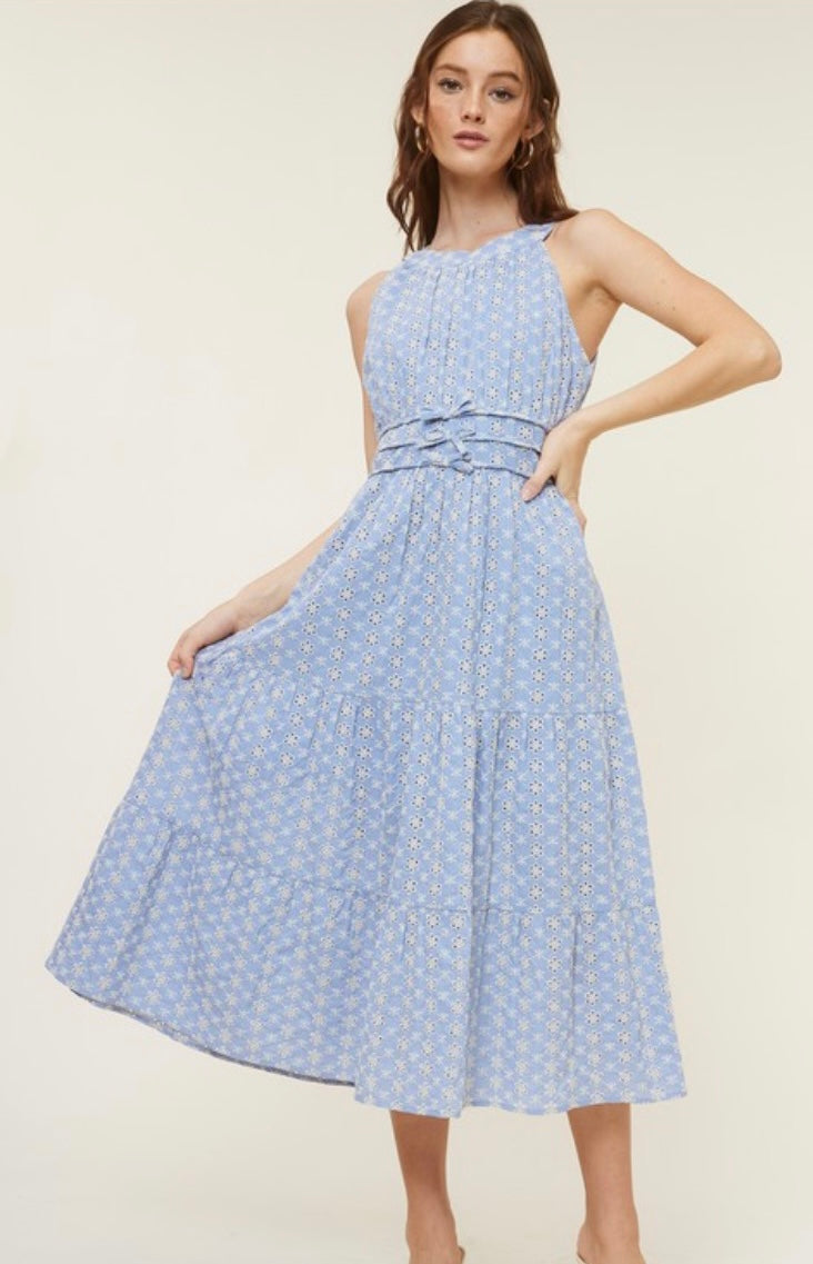 Blue and white eyelet midi dress