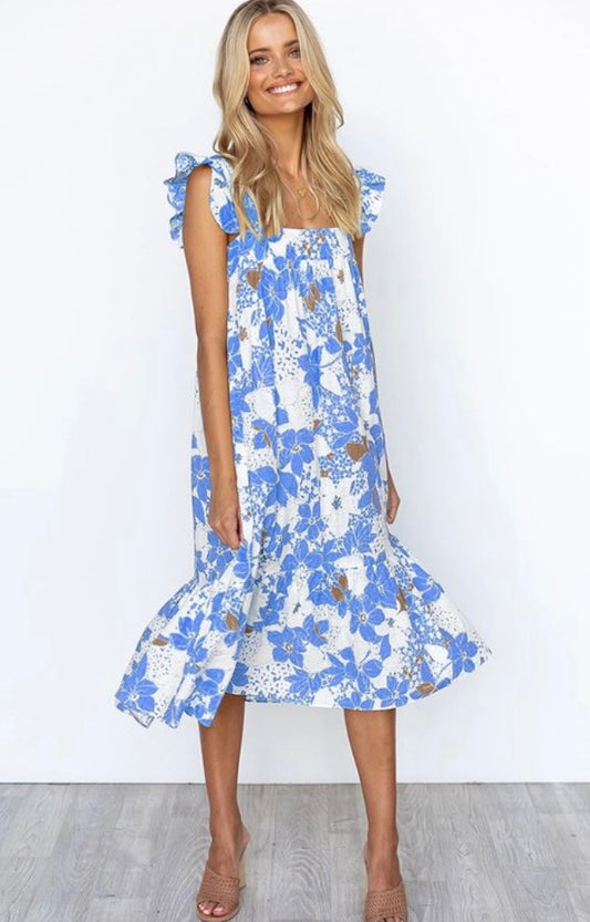 Blue and white floral sun dress