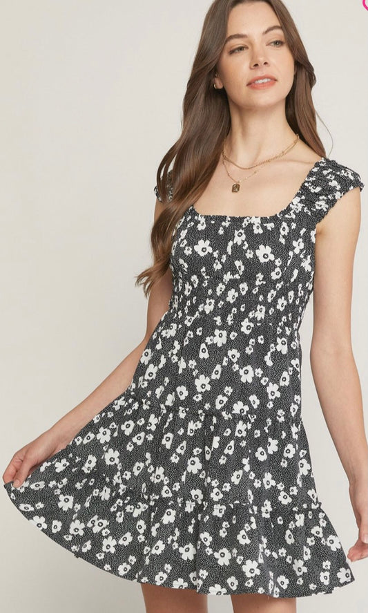 Black and white floral mini dress
