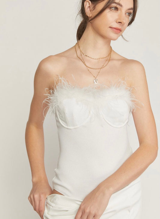 Feather lined off white bodysuit