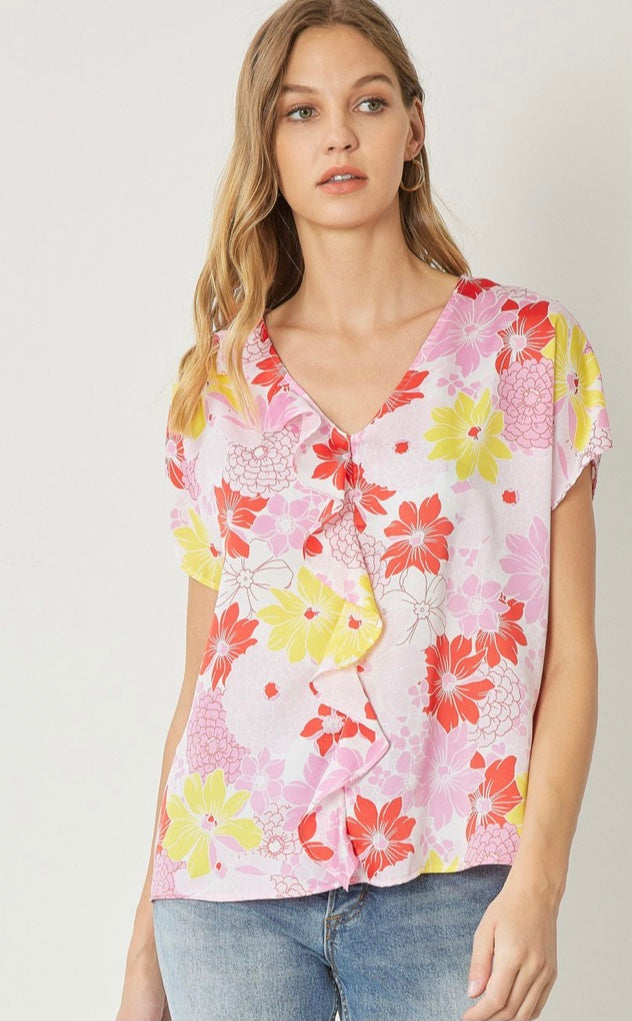 Bright floral ruffle top