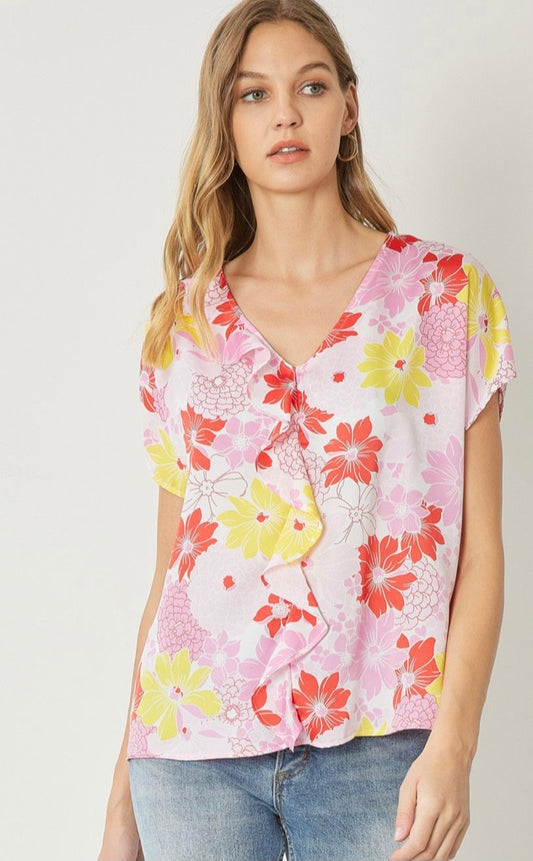 Bright floral ruffle top