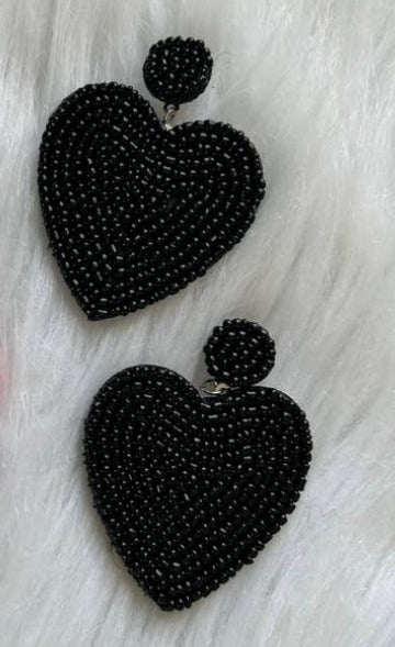 Black beaded heart earrings