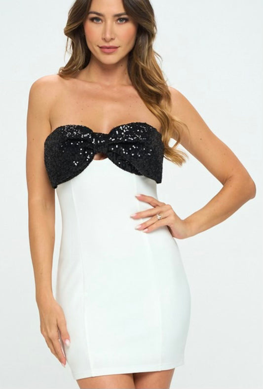 Black and white sparkly bow dress